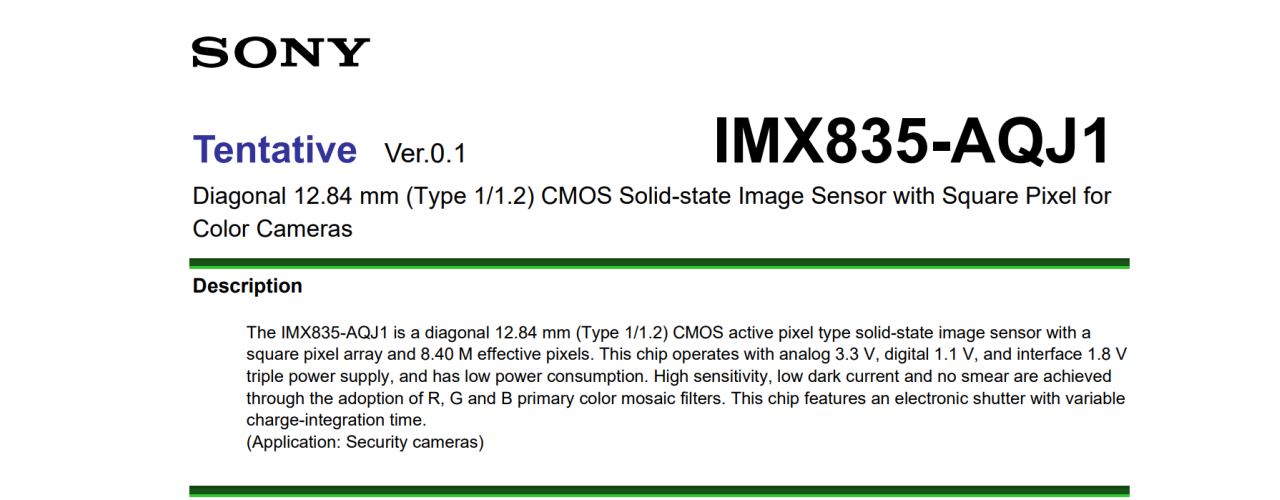 Сенсор изображения SONY STARVIS2 IMX835-AQJ1 описание Сенсор изображения SONY STARVIS2 IMX835-AQJ1 описание