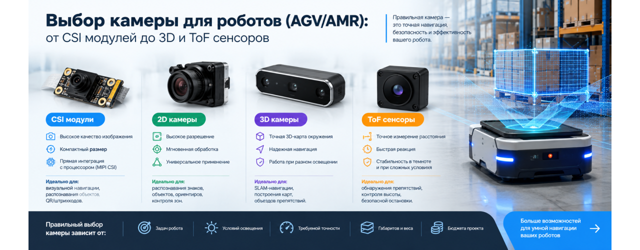 Выбор камеры для роботов (AGV/AMR): от CSI модулей до 3D и ToF сенсоров Выбор камеры для роботов (AGV/AMR): от CSI модулей до 3D и ToF сенсоров